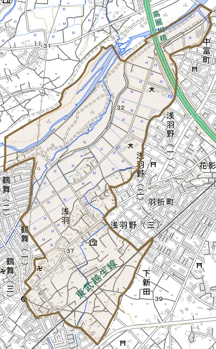 大字浅羽とその周辺の地図。町の範囲を重ねている