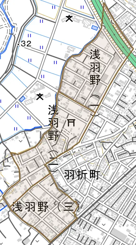浅羽野とその周辺の地図。町の範囲を重ねている