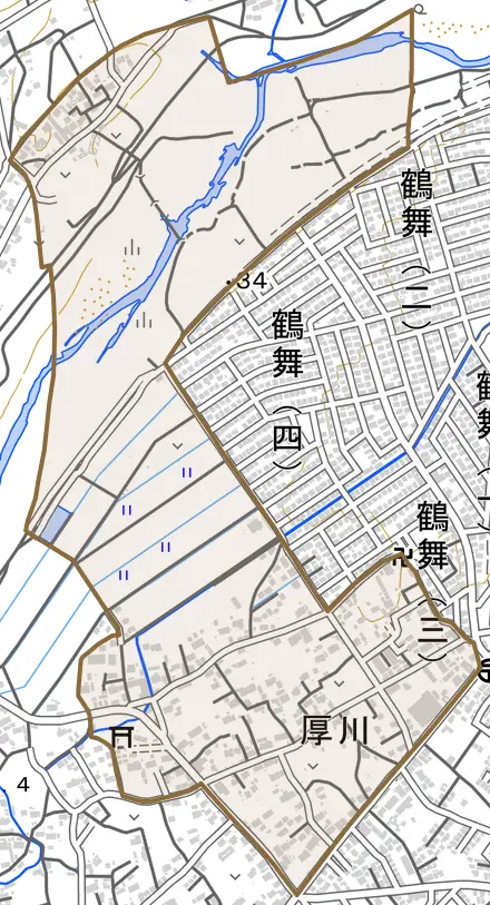 大字厚川とその周辺の地図。町の範囲を重ねている