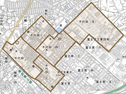 千代田とその周辺の地図。町の範囲を重ねている