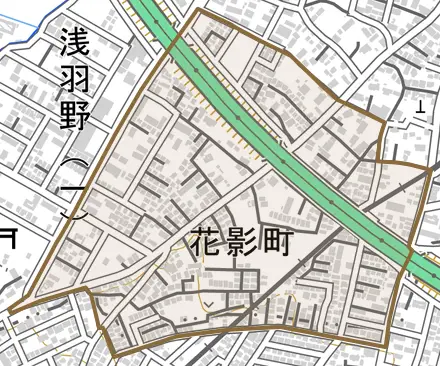 花影町とその周辺の地図。町の範囲を重ねている