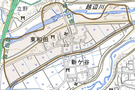 大字東和田とその周辺の地図。町の範囲を重ねている