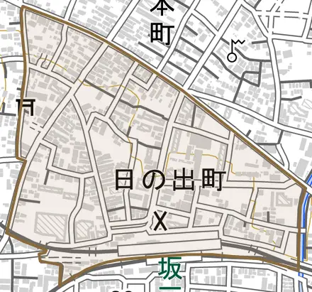 日の出町とその周辺の地図。町の範囲を重ねている