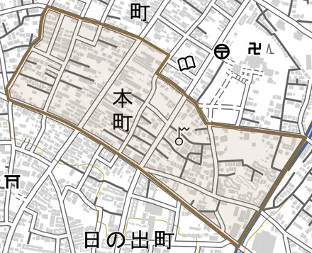 本町とその周辺の地図。町の範囲を重ねている
