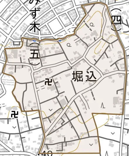 大字堀込とその周辺の地図。町の範囲を重ねている