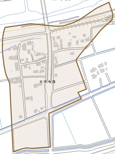 大字今西とその周辺の地図。町の範囲を重ねている