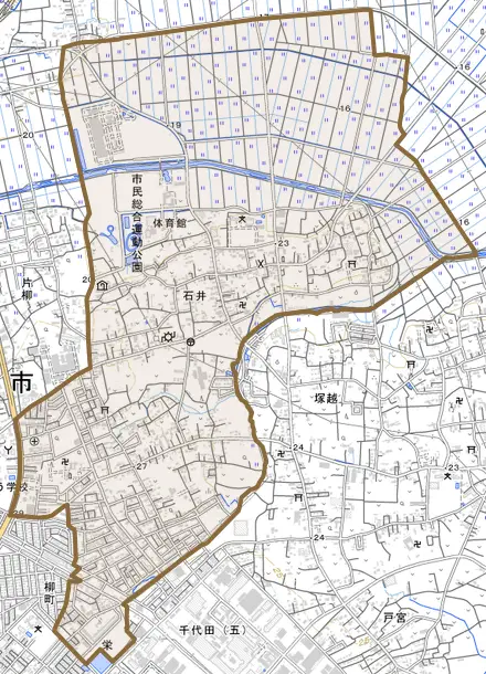 大字石井とその周辺の地図。町の範囲を重ねている