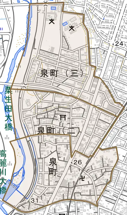 泉町とその周辺の地図。町の範囲を重ねている