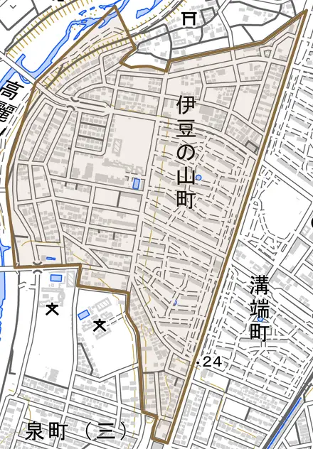 伊豆の山町とその周辺の地図。町の範囲を重ねている