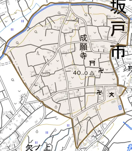 大字成願寺とその周辺の地図。町の範囲を重ねている
