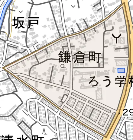 鎌倉町とその周辺の地図。町の範囲を重ねている