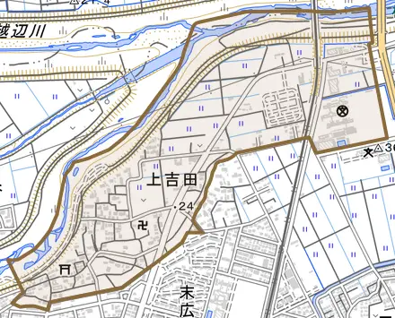 大字上吉田とその周辺の地図。町の範囲を重ねている