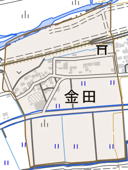 大字金田とその周辺の地図。町の範囲を重ねている