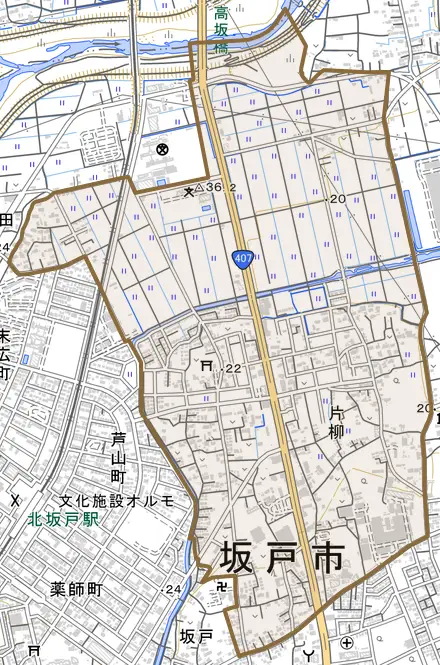 大字片柳とその周辺の地図。町の範囲を重ねている