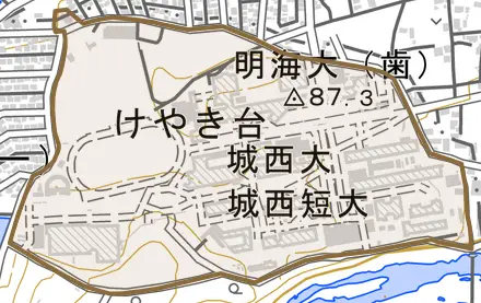 けやき台とその周辺の地図。町の範囲を重ねている