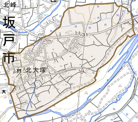 大字北大塚とその周辺の地図。町の範囲を重ねている