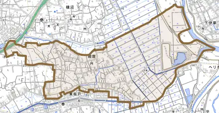 大字紺屋とその周辺の地図。町の範囲を重ねている