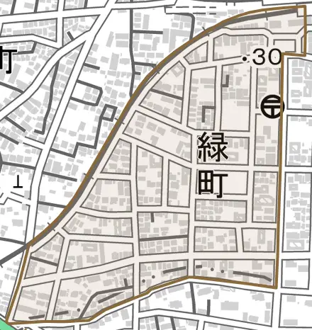 緑町とその周辺の地図。町の範囲を重ねている