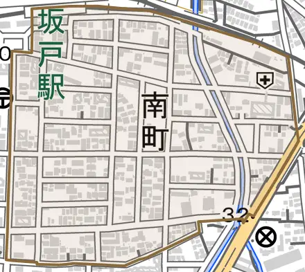 南町とその周辺の地図。町の範囲を重ねている