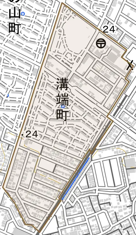 溝端町とその周辺の地図。町の範囲を重ねている