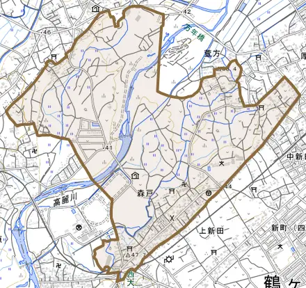 大字森戸とその周辺の地図。町の範囲を重ねている