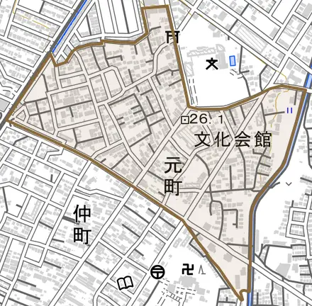 元町とその周辺の地図。町の範囲を重ねている