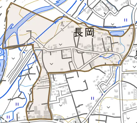 大字長岡とその周辺の地図。町の範囲を重ねている