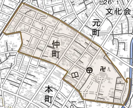 仲町とその周辺の地図。町の範囲を重ねている
