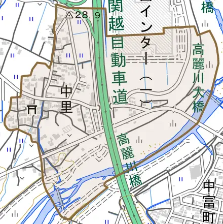 大字中里とその周辺の地図。町の範囲を重ねている