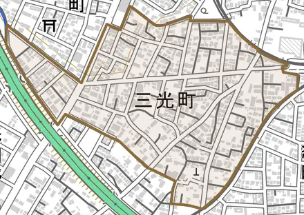 三光町とその周辺の地図。町の範囲を重ねている