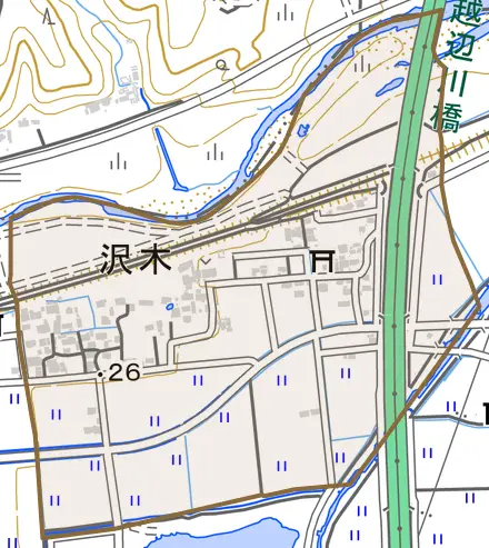 大字沢木とその周辺の地図。町の範囲を重ねている
