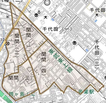 関間とその周辺の地図。町の範囲を重ねている