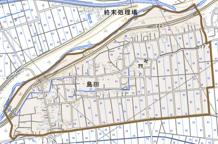 大字島田とその周辺の地図。町の範囲を重ねている