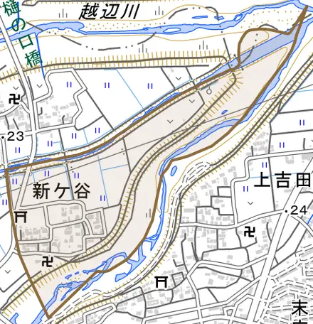 大字新ケ谷とその周辺の地図。町の範囲を重ねている