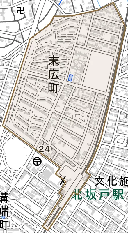 末広町とその周辺の地図。町の範囲を重ねている