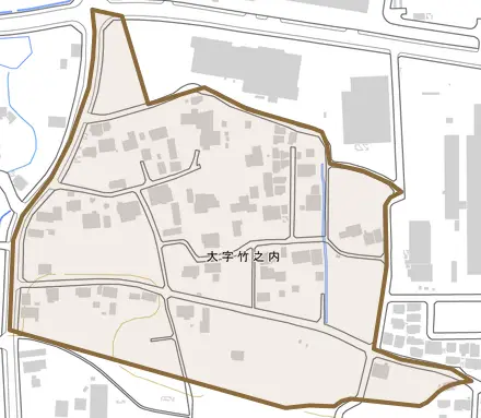 大字竹之内とその周辺の地図。町の範囲を重ねている