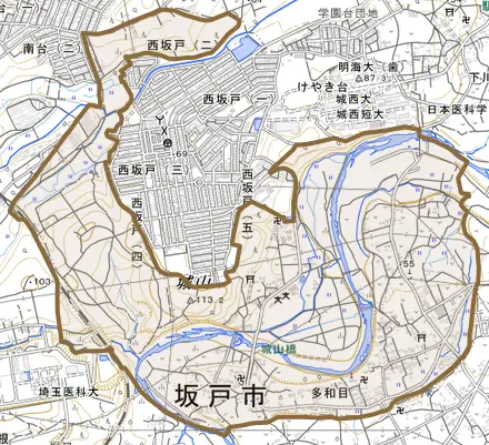 大字多和目とその周辺の地図。町の範囲を重ねている