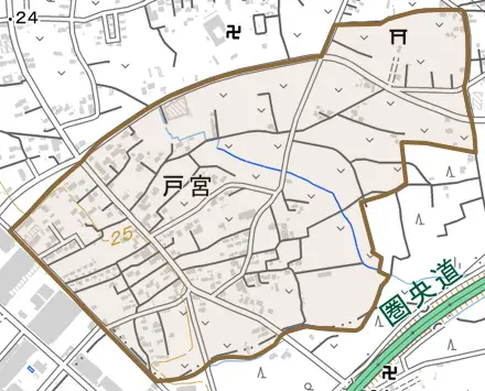 大字戸宮とその周辺の地図。町の範囲を重ねている
