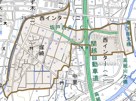 大字塚崎とその周辺の地図。町の範囲を重ねている