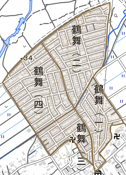 鶴舞とその周辺の地図。町の範囲を重ねている