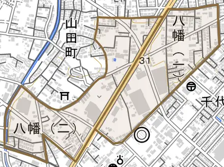 八幡とその周辺の地図。町の範囲を重ねている