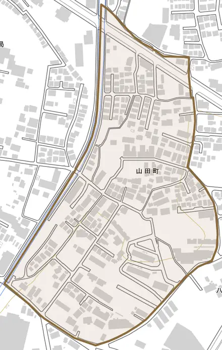 山田町とその周辺の地図。町の範囲を重ねている
