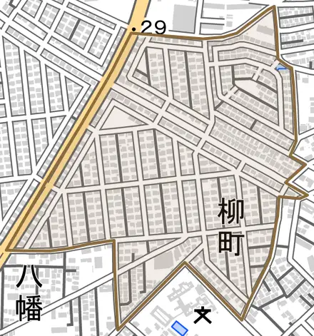 柳町とその周辺の地図。町の範囲を重ねている
