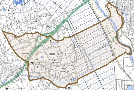 大字横沼とその周辺の地図。町の範囲を重ねている