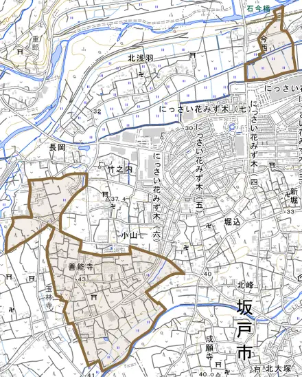 大字善能寺とその周辺の地図。町の範囲を重ねている