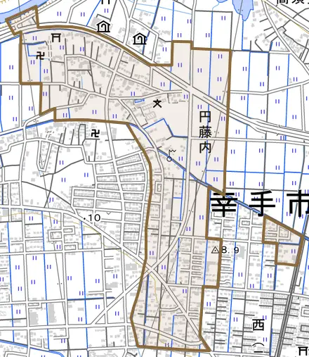 大字円藤内とその周辺の地図。町の範囲を重ねている
