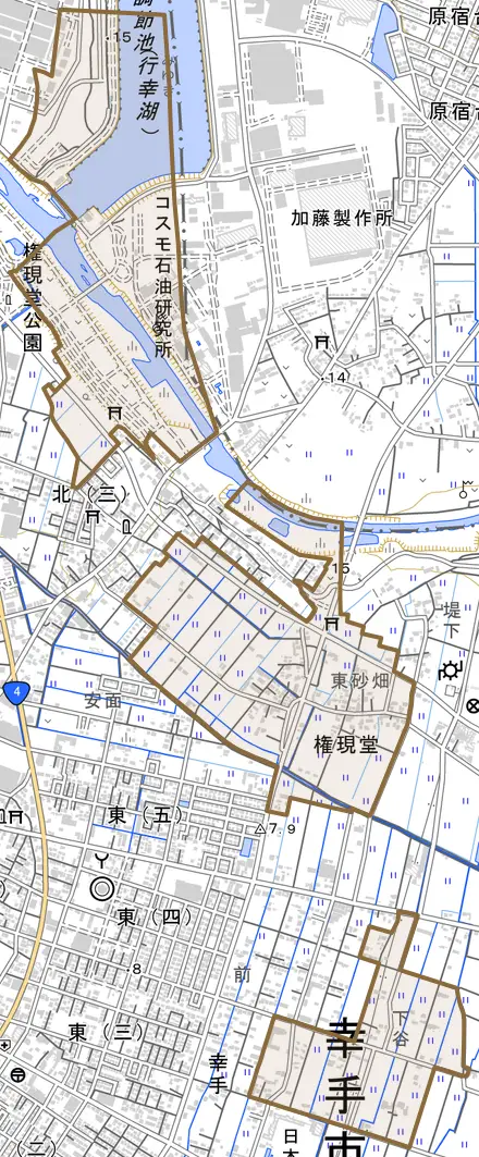 大字権現堂とその周辺の地図。町の範囲を重ねている
