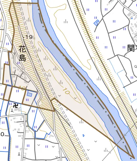 大字花島とその周辺の地図。町の範囲を重ねている