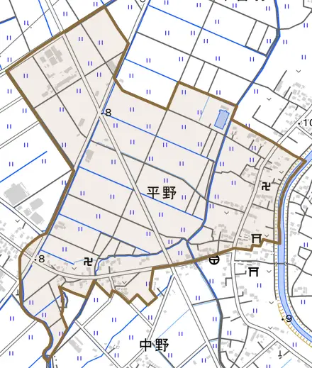 大字平野とその周辺の地図。町の範囲を重ねている