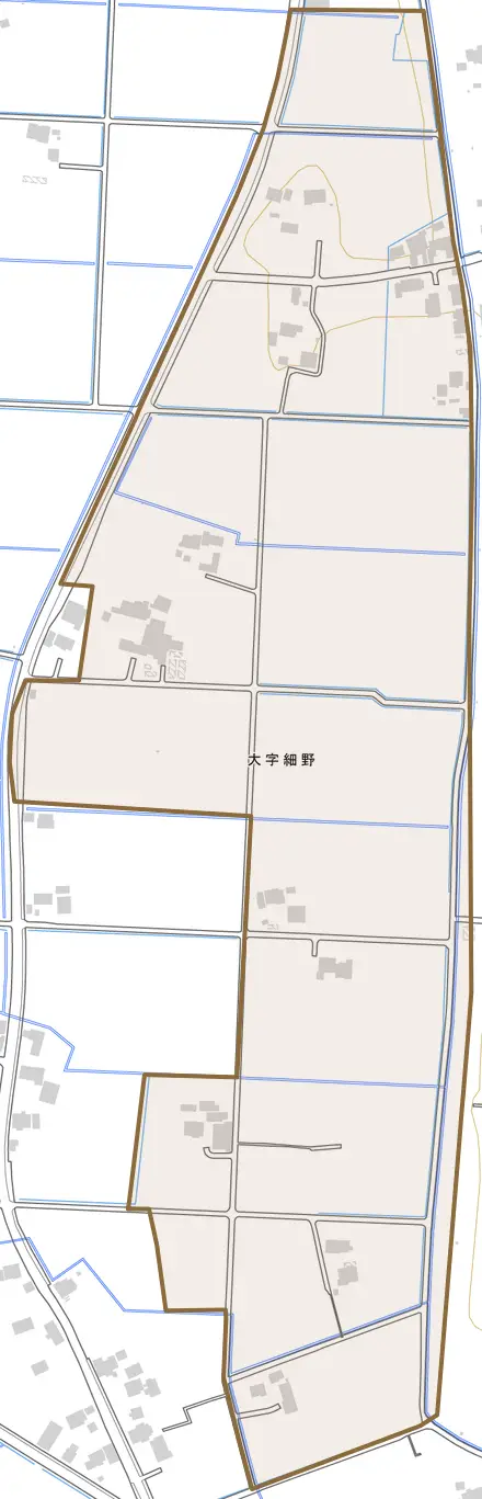 大字細野とその周辺の地図。町の範囲を重ねている